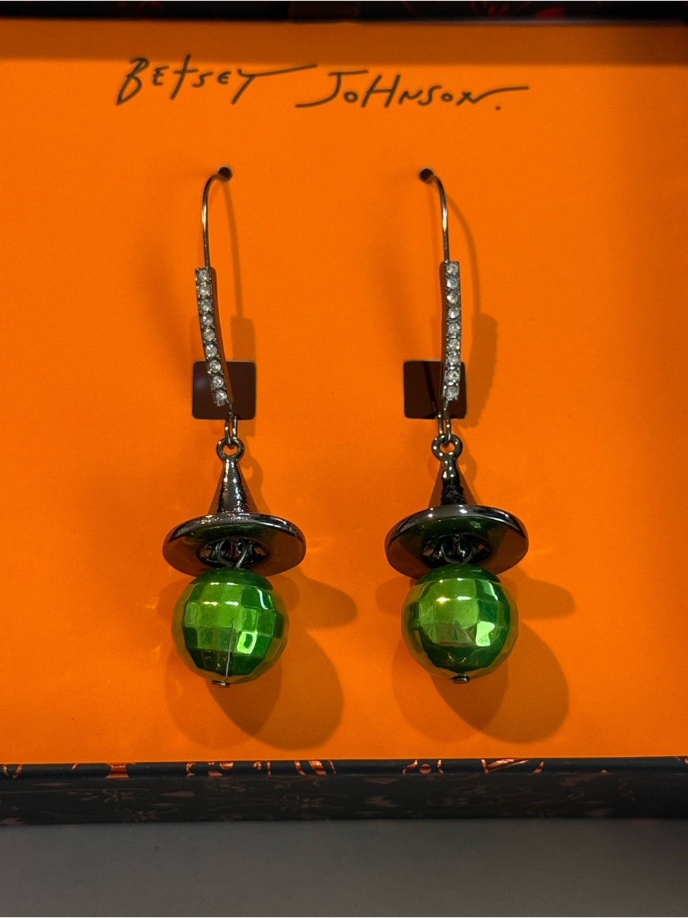 NEW BETSEY JOHNSON Faux Stone Witch Hat Disco Ball Dangle Earrings
